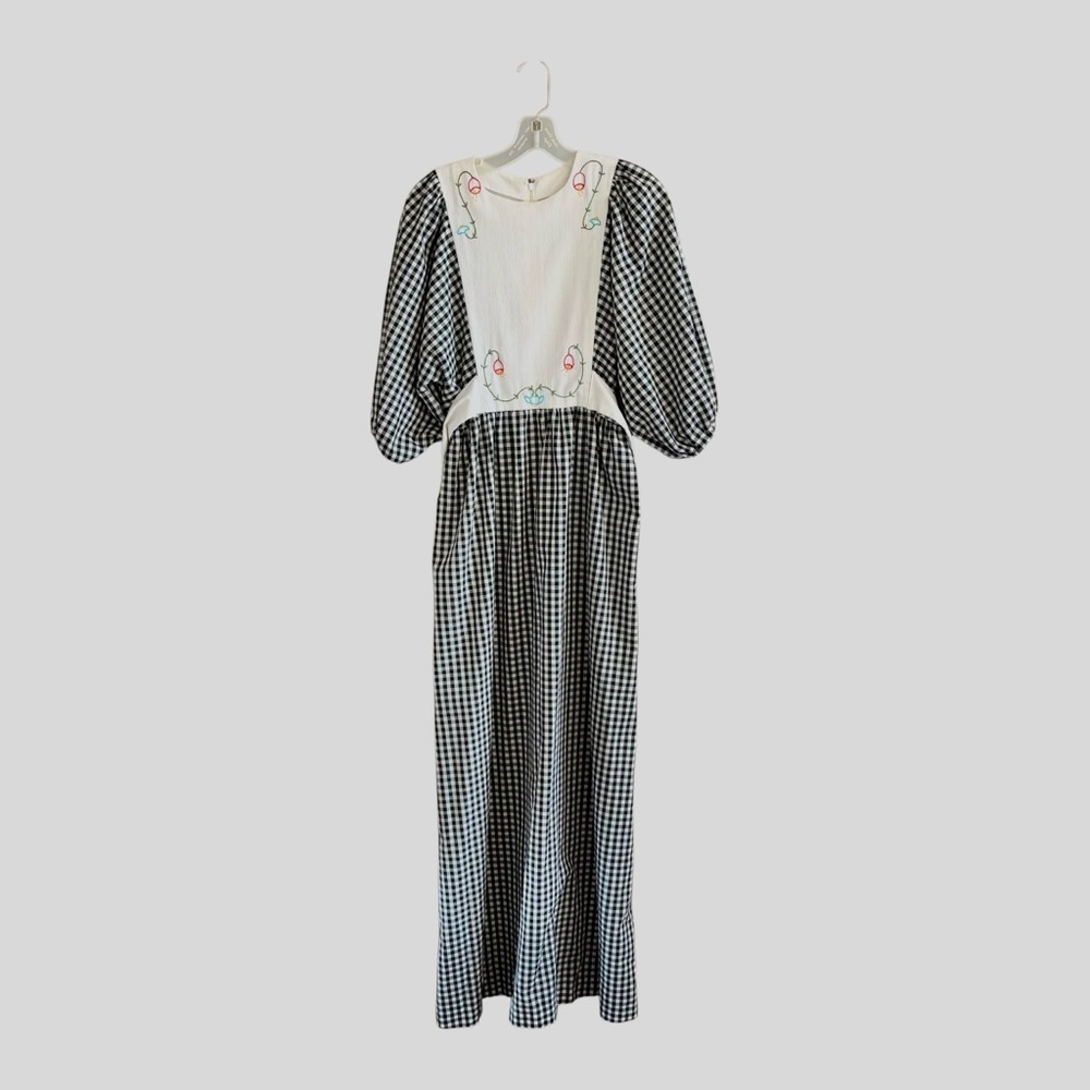 VINTAGE 1970s Dolman Sleeve Pinafore Style Hand Embroidered Gingham Maxi Dress